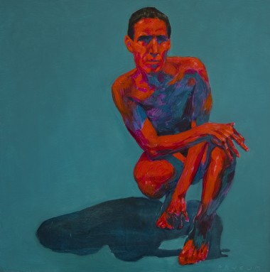 modern pop art nude of a man in red on blue