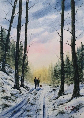 Out For A walk In the Woods - Original Watercolour by Rick Figg - Walking the dog 