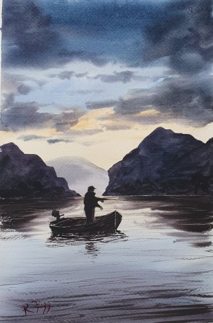 Out In The Boat - Original watercolour painted by Ricky Figg.  Fishing on the boat
