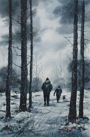 Out With Dad - Original watercolour painted by Ricky Figg - Out walking the dog with Dad