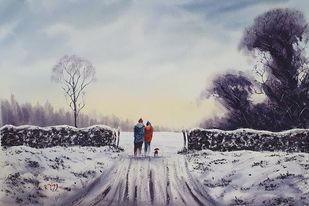 Out With The Old Boy - Original watercolour by Ricky Figg - Out for a walk with the dog in the snow