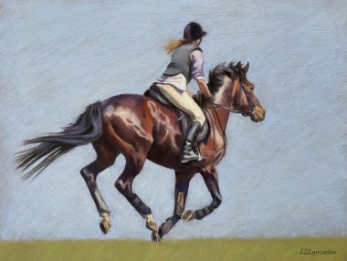 Horse and riding cross country event pastel painting