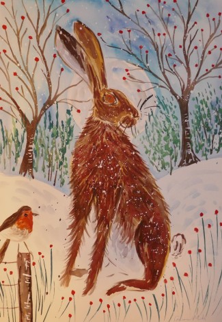 hare and robin in the snow