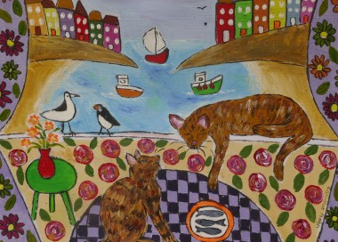 Naive Painting of Cats by the Sea