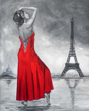 Beautiful woman in Paris wearing a red dress