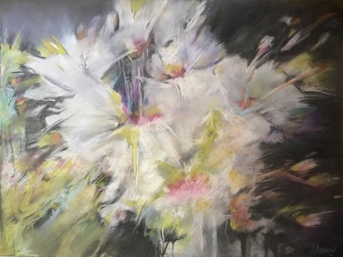 A pastel painting of white blossoms at night time.