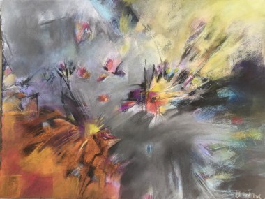 An abstract pastel painting of flowers in a storm.