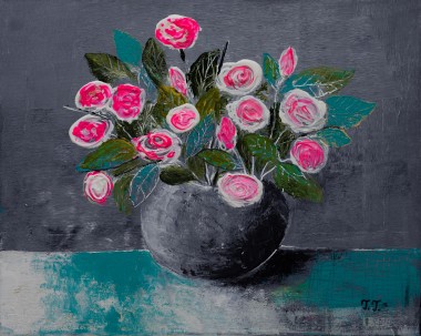 Pink roses bouquet painting created in acrylic on canvas.
