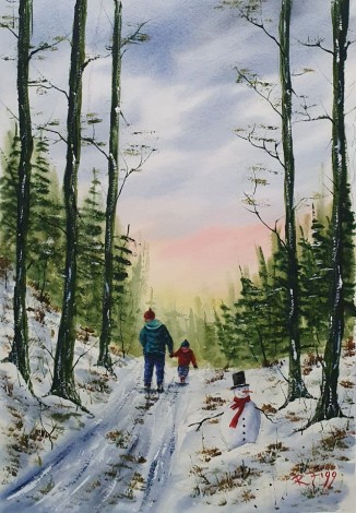 Playing With Dad In The Snow - Original Watercolour by Ricky Figg - Making a Snowman