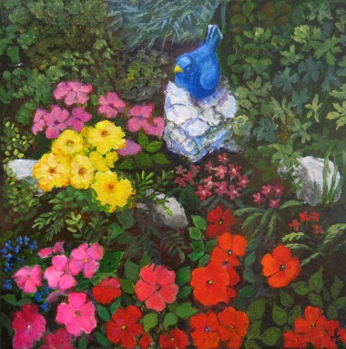 Canvas acrylic painting of rockery garden by Maureen Greenwood