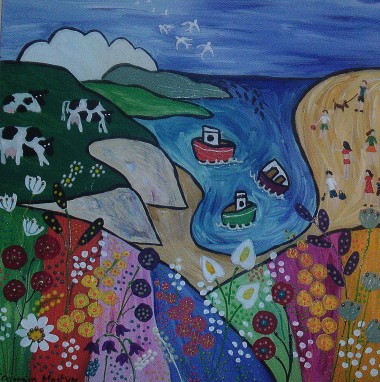 Colourful Naive seascape with cows