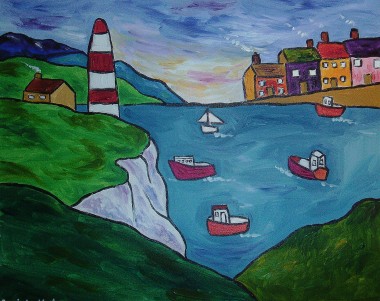 Quirky, Naive Seascape with boats