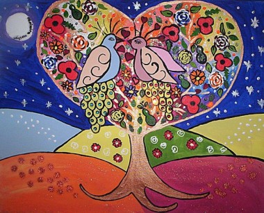 Birds in Love on the Heart shaped Tree