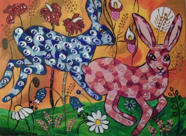 Quirky Hares running among flowers