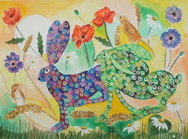 Commission Quirky hares among flowers