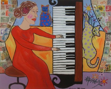The piano player and her cats, folk art
