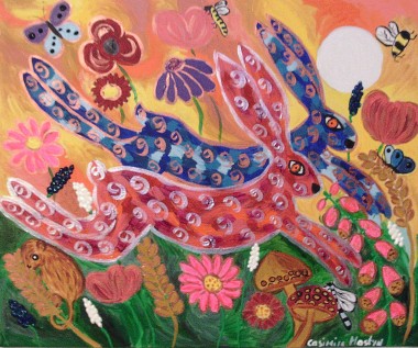 Quirky hares leaping among the colourful flowers