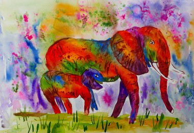 Colourful Mother and Baby Elephants
