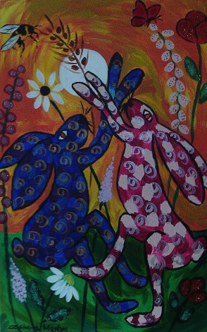 Quirky Hares dancing among flowers, Bumble bee and Butterfly
