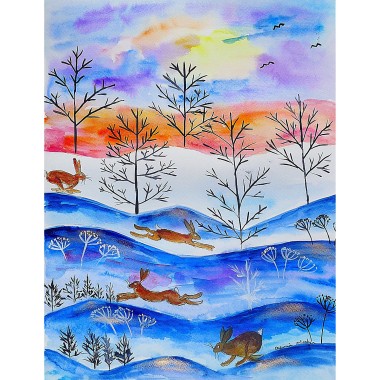 Hares Leaping at Sunset in the Snow