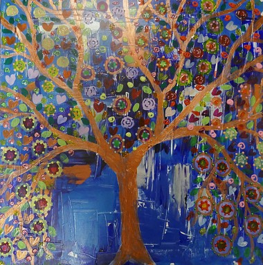 A colourful Blue and Copper Tree full of Hearts
