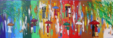 Umbrellas in a Rainbow Sky