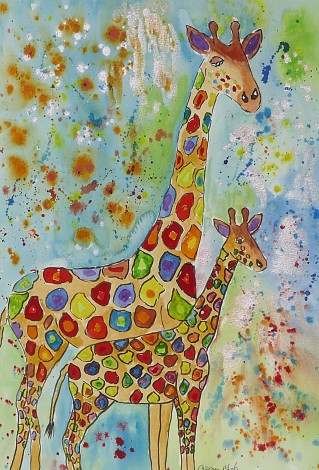 Colourful mother and baby giraffes