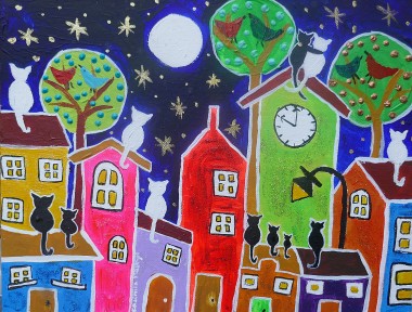 Cats Moon Gazing on Quirky Colourful Houses