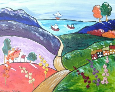 Naive painting of Hollyhock growing on the colourful hills