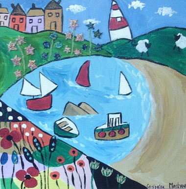 colourful Naive seascape with patchwork field and flowers