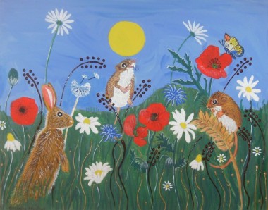 Two Mice and a rabbit among wild flowers