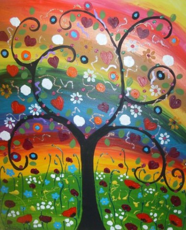 The sparkly love tree  in the rainbow sky