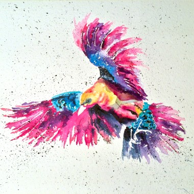 Songbird artwork.  Contemporary watercolour painting of a bird in flight.