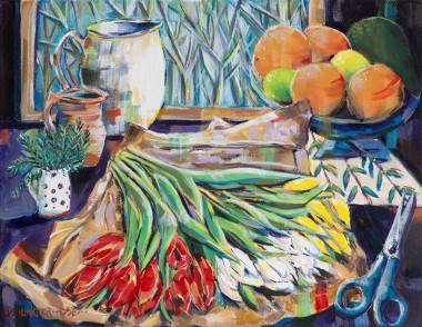 Still Life with Red, White and Yellow Tulips