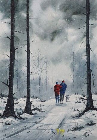 STORM - Original Watercolour painted by Ricky Figg - Wallking the dog in the woods