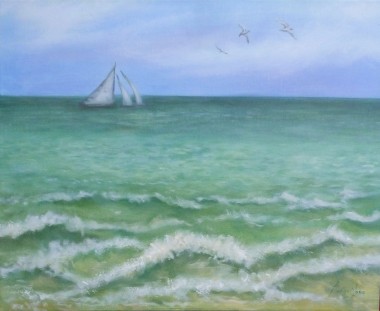 Stormy Sea -Seascape with sailing ships and seagulls