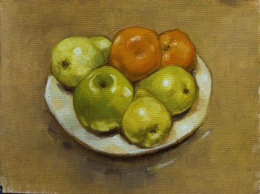 Modern Still Life of orange apple and pear
