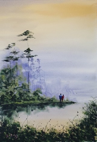 Summer Lake - Original Watercolour by Ricky Figg - Couple walking at the lake