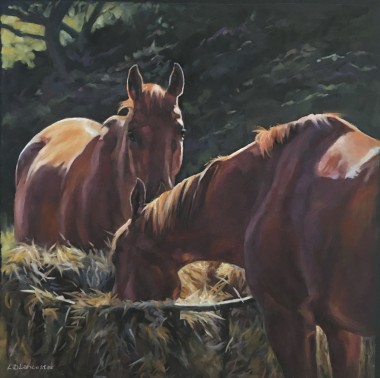 Chestnut horses grazing in the sun pastel painting
