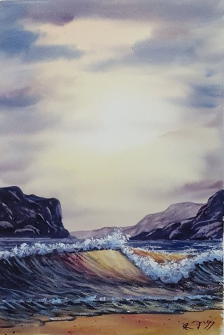 Sunset waves  - Original watercolour by Ricky Figg - Sunset Beach
