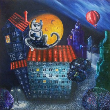 cat and raven moon night city