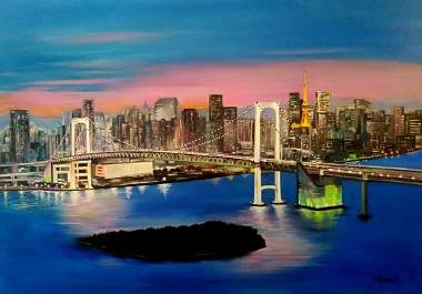 Paesaggio di Tokyo dipinto con colori ad olio su tela di cm.50x70
