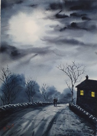Walking Home In Moonlight -  Qriginal watercolour by Ricky Figg
