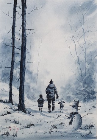 WALK WITH DAD - Original Watercolour painted by Ricky Figg on Watercolour Paper - Walking the dog with dad