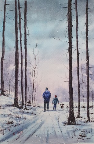 Walking With Dad - Original watercolour painted by Ricky Figg - Walking the dog in the woods