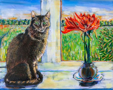 WINDOWSILL CAT WITH RED AMARYLLIS Acrylic on canvas painting 40cm x 50cm