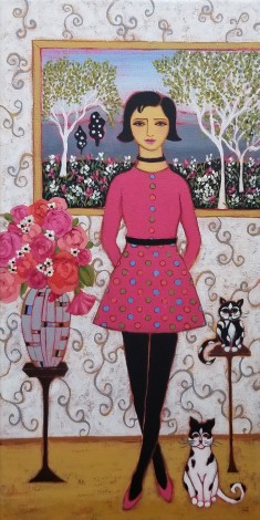 Woman with Cats and Birch Trees