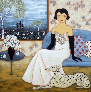 Woman with Landscape and White Rose Bouquet