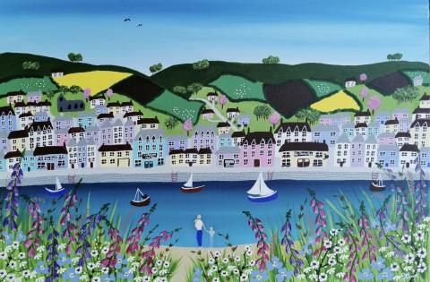 Sea village meadow flowers painting