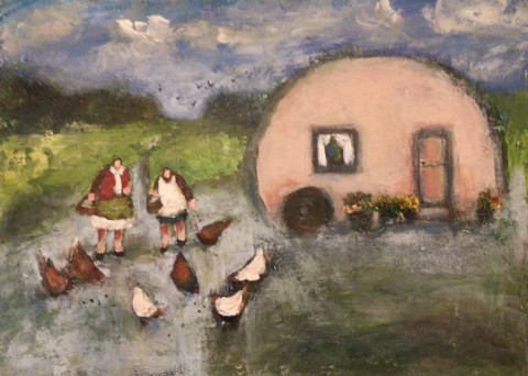 Cottage garden 
Vintage caravan 
Children 
Chickens 
Hens
Crows
